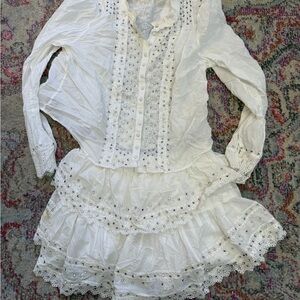 LoveShackFancy Mildrene Rhinestone White Mini Skirt and Shirt Set